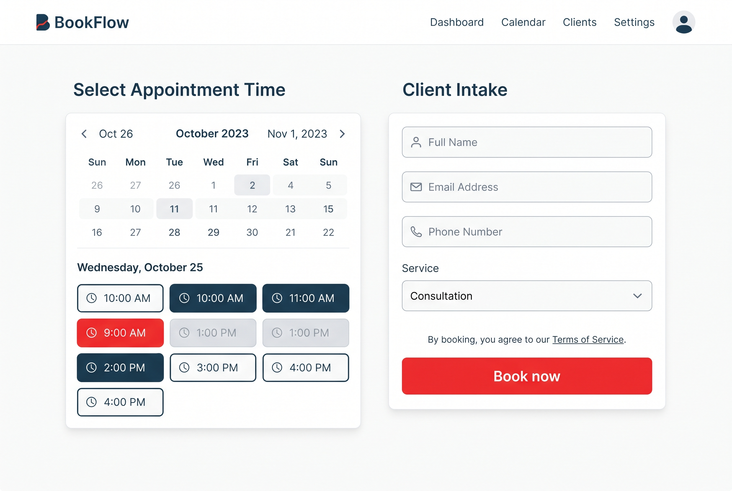 Booking and client-intake app interface with a calendar time-slot picker, an intake form, and a Book now button