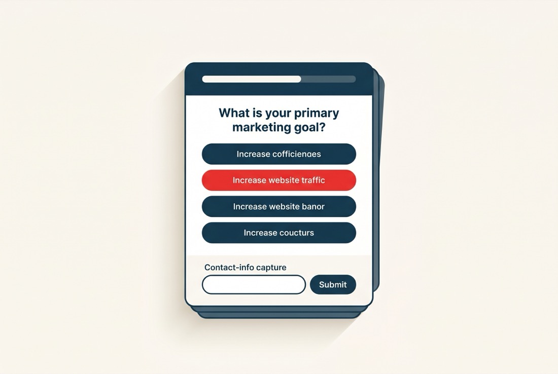 Lead-capture quiz app interface with a multiple-choice question and a contact field