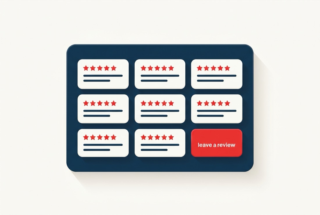Customer reviews showcase page with five-star review cards and a leave-a-review button